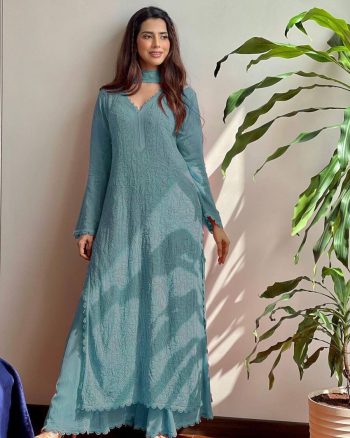 TRENDY GEORGETTE EMBROIDERY THREAD WORK TOP PALAZZO WITH DUPATTA SKY