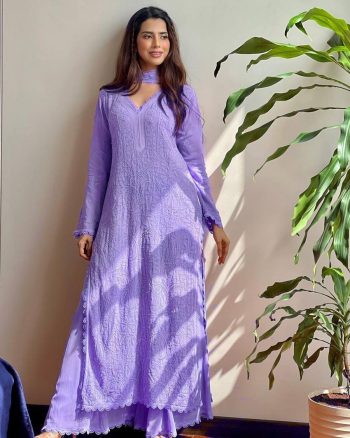 TRENDY GEORGETTE EMBROIDERY THREAD WORK TOP PALAZZO WITH DUPATTA LAVENDER