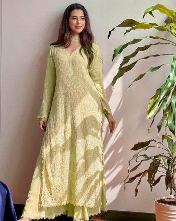 TRENDY GEORGETTE EMBROIDERY THREAD WORK TOP PALAZZO WITH DUPATTA LEMON
