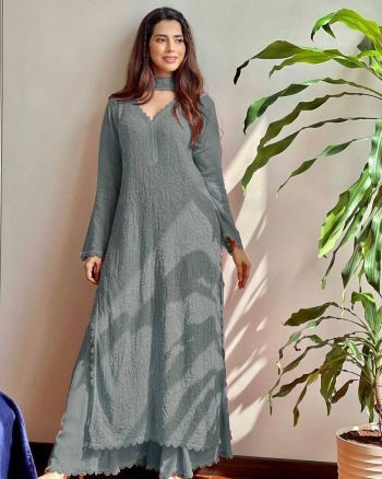 TRENDY GEORGETTE EMBROIDERY THREAD WORK TOP PALAZZO WITH DUPATTA GREY