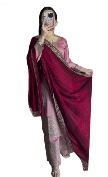 ATTRACTIVE CHINON EMBROIDERY WORK  TOP BOTTOM WITH DUPATTA BABY PINK