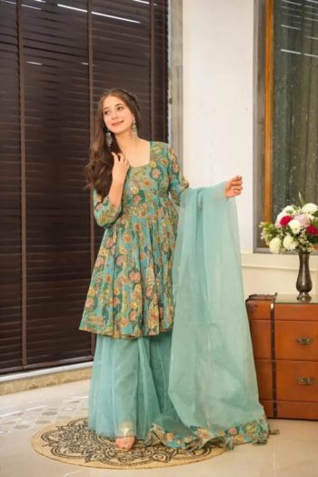 ATTRACTIVE CHINON SILK DIGITAL PRINT  WORK TOP SHARARA WITH DUPATTA SKY