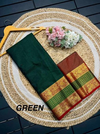ATTRACTIVE COTTON ZARI WEAVING WORK SAREE WITH UNSTITCHED BLOUSE GREEN