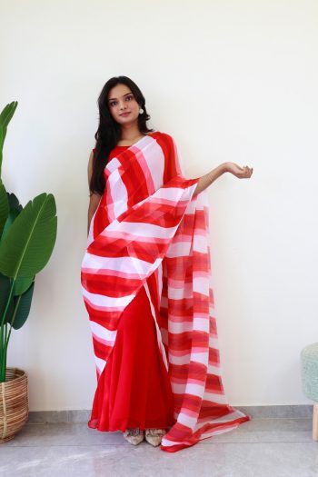 ATTRACTIVE GEORGETTE DIGITAL PRINT WORK  READY TO WEAR GOWN SAREE RED