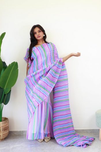 ATTRACTIVE GEORGETTE DIGITAL PRINT WORK  READY TO WEAR GOWN SAREE LAVENDER