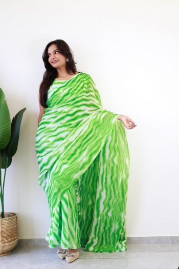 ATTRACTIVE GEORGETTE DIGITAL PRINT WORK  READY TO WEAR GOWN SAREE PARROT GREEN