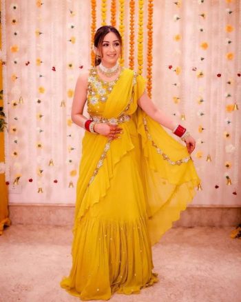 ATTRACTIVE GEORGETTE EMBROIDERY SEQUENCE RUFFLE WORK LEHENGA SAREE ATTACHED DUPATTA WITH STITCHED BLOUSE YELLOW
