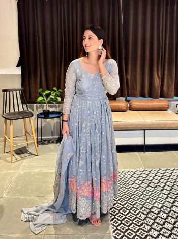 ATTRACTIVE GEORGETTE  SEQUENCE EMBROIDERY  WORK GOWN BOTTOM WITH DUPATTA  GREY