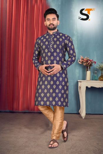 ATTRACTIVE JACQUARD READY TO WEAR MEN'S KURTA PAJAMA NAVY BLUE