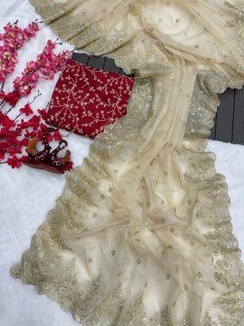 ATTRACTIVE ORGANZA SEQUENCE ZARI EMBROIDERY   WORK SAREE WITH UNSTITCHED BLOUSE OFF WHITE