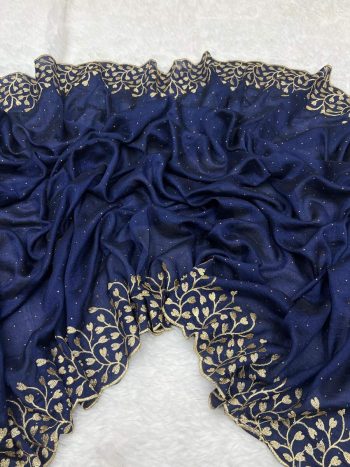 ATTRACTIVE VICHITRA SILK ZARI WITH STONE WORK SAREE WITH UNSTITCHED BLOUSE NAVY BLUE