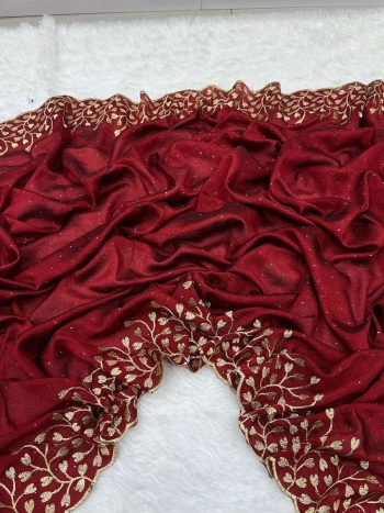 ATTRACTIVE VICHITRA SILK ZARI WITH STONE WORK SAREE WITH UNSTITCHED BLOUSE MAROON