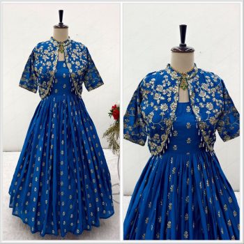 DESIGNER CHINON SILK EMBROIDERY SEQUENCE WORK GOWN WITH JACKET BLUE