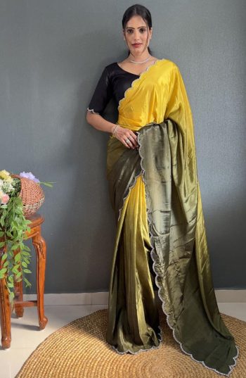DESIGNER CHINON SILK JARKAN DIAMOND WORK READY TO WEAR SAREE WITH UNSTITCHED BLOUSE YELLOW