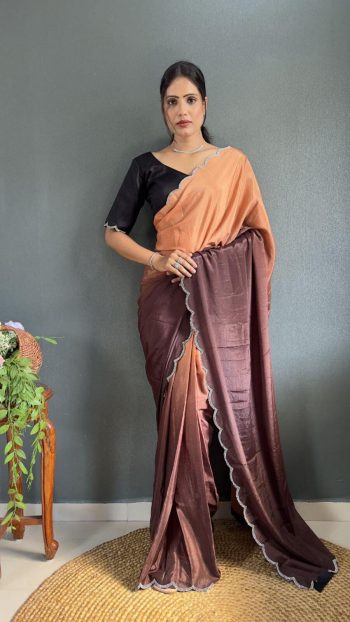 DESIGNER CHINON SILK JARKAN DIAMOND WORK READY TO WEAR SAREE WITH UNSTITCHED BLOUSE CREAM