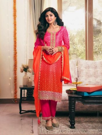 DESIGNER CHINON SILK PRINT WITH SEQUENCE EMBROIDERY WORK TOP BOTTOM WITH DUPATTA ORANGE