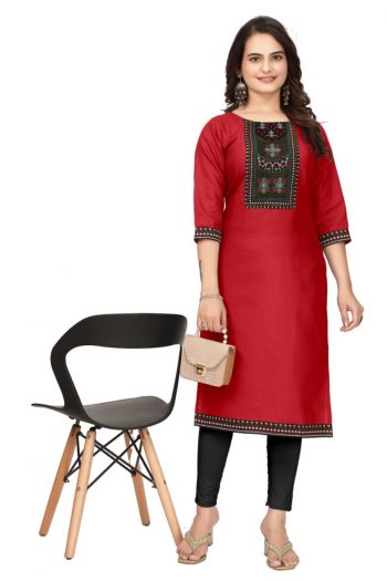 DESIGNER MAGIC COTTON EMBROIDERY WORK READY TO WEAR KURTI RED