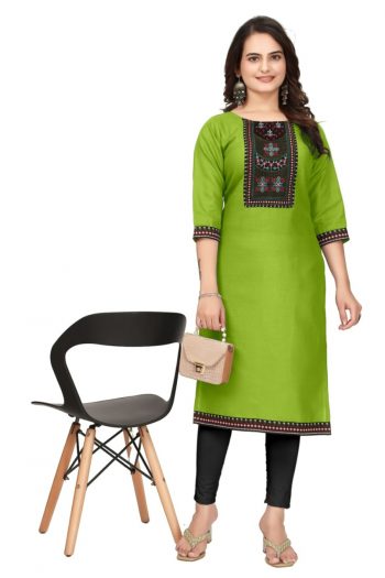 DESIGNER MAGIC COTTON EMBROIDERY WORK READY TO WEAR KURTI PARROT GREEN