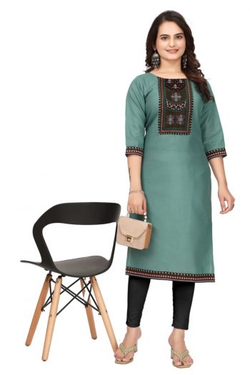 DESIGNER MAGIC COTTON EMBROIDERY WORK READY TO WEAR KURTI SEA GREEN