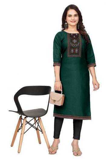 DESIGNER MAGIC COTTON EMBROIDERY WORK READY TO WEAR KURTI GREEN