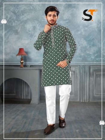 DESIGNER RAYON CHICKENKARI WORK MENS KURTA PAJAMA GREEN