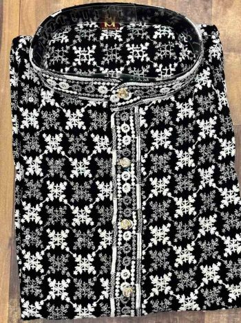 DESIGNER RAYON CHICKENKARI WORK MENS KURTA PAJAMA BLACK