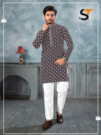 DESIGNER RAYON CHICKENKARI WORK MENS KURTA PAJAMA NAVY BLUE