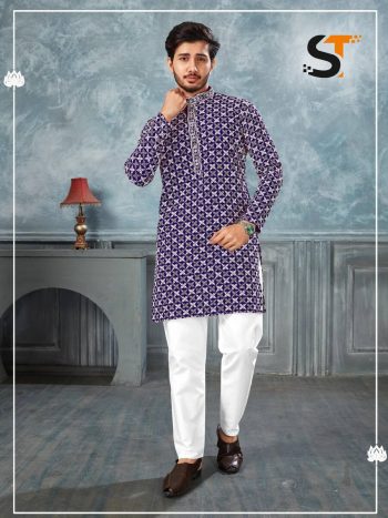 DESIGNER RAYON CHICKENKARI WORK MENS KURTA PAJAMA PURPLE