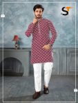 DESIGNER RAYON CHICKENKARI WORK MENS KURTA PAJAMA RED