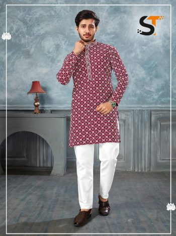 DESIGNER RAYON CHICKENKARI WORK MENS KURTA PAJAMA RED