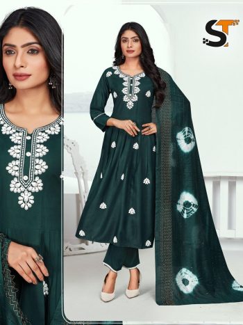DESIGNER RAYON EMBROIDERY PRINTED NAYRA CUT KURTI BOTTOM WITH DUPATTA GREEN