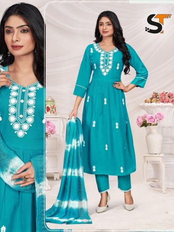 DESIGNER RAYON EMBROIDERY PRINTED NAYRA CUT KURTI BOTTOM WITH DUPATTA SKY