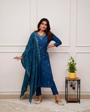 DESIGNER ROMAN SILK SEQUENCE CODING EMBROIDERY WORK TOP BOTTOM WITH DUPATTA BLUE