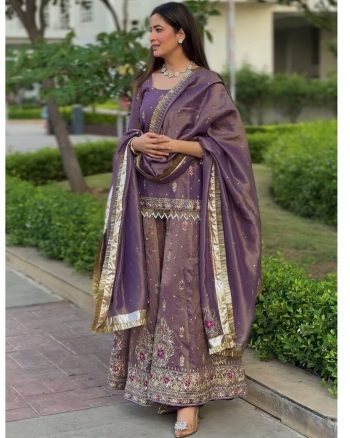 DESIGNER TWILL GOLD NET EMBROIDERY SEQUENCE  WORK TOP PALAZZO WITH DUPATTA LAVENDER