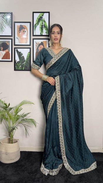 DESIGNER VICHITRA SILK EMBROIDERY SIROSKI WORK READY TO WEAR SAREE WITH UNSTITCHED BLOUSE BLUE