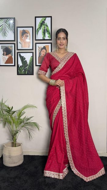 DESIGNER VICHITRA SILK EMBROIDERY SIROSKI WORK READY TO WEAR SAREE WITH UNSTITCHED BLOUSE PINK