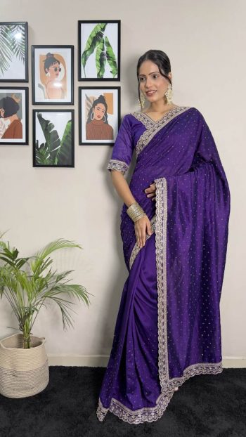 DESIGNER VICHITRA SILK EMBROIDERY SIROSKI WORK READY TO WEAR SAREE WITH UNSTITCHED BLOUSE PURPLE