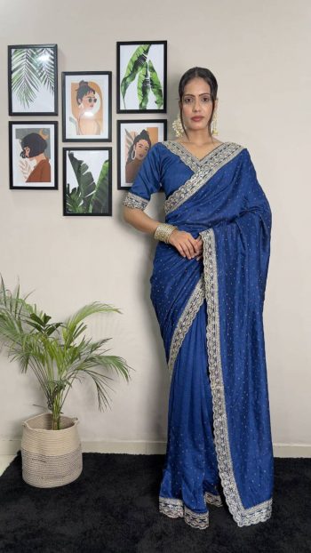 DESIGNER VICHITRA SILK EMBROIDERY SIROSKI WORK READY TO WEAR SAREE WITH UNSTITCHED BLOUSE RAMA