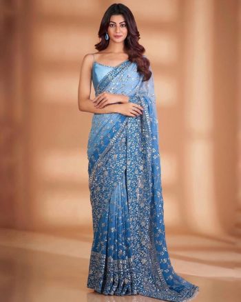 FANCY GEORGETTE EMBROIDERY SEQUENCE THREAD WORK SAREE WITH UNSTITCHED BLOUSE SKY