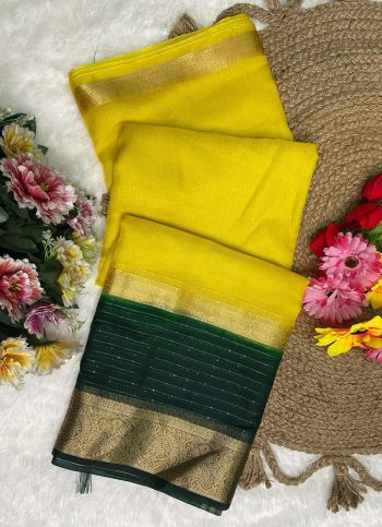 FANCY KHADI COTTON SEQUENCE LINING AND ZARI PATTA  WORK SAREE WITH UNSTITCHED BLOUSE YELLOW