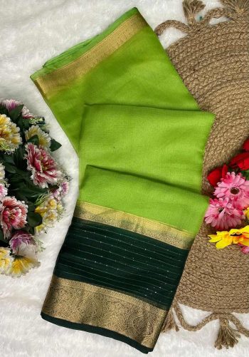 FANCY KHADI COTTON SEQUENCE LINING AND ZARI PATTA  WORK SAREE WITH UNSTITCHED BLOUSE PARROT GREEN