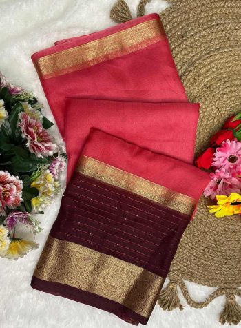FANCY KHADI COTTON SEQUENCE LINING AND ZARI PATTA  WORK SAREE WITH UNSTITCHED BLOUSE PINK