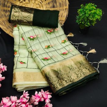 FANCY ORGANZA SEQUENCE LINE EMBROIDERY  JACQUARD WEAVING WORK SAREE WITH UNSTITCHED BLOUSE GREEN