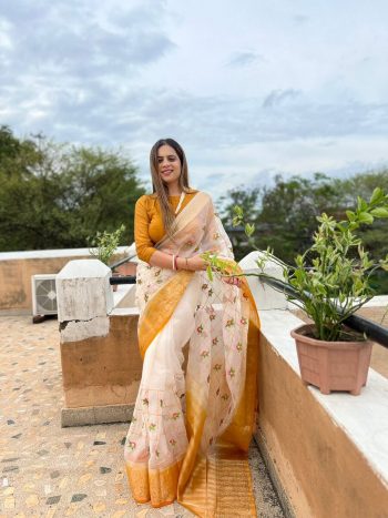 FANCY ORGANZA SEQUENCE LINE EMBROIDERY  JACQUARD WEAVING WORK SAREE WITH UNSTITCHED BLOUSE YELLOW