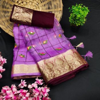 FANCY ORGANZA SEQUENCE LINE EMBROIDERY  JACQUARD WEAVING WORK SAREE WITH UNSTITCHED BLOUSE PURPLE