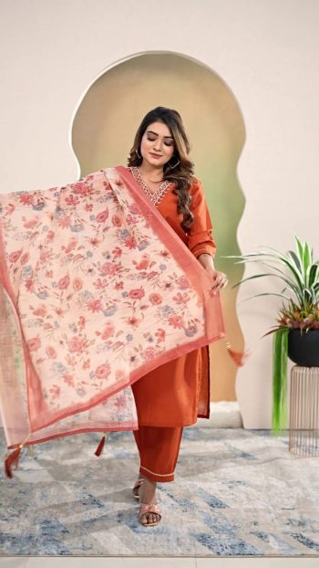 FANCY ROMAN SILK HAND WORK TOP BOTTOM WITH DUPATTA  ORANGE