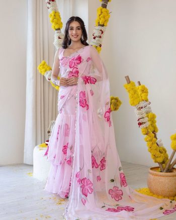 FANCY TABBY SILK DIGITAL PRINTED RUFFLE WORK LEHENGA SAREE BELT ATTACHED DUPATTA WITH STITCHED BLOUSE BABY PINK