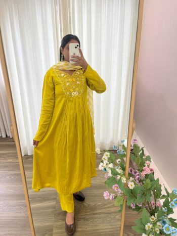 FANCY VISCOSE MUSLIN SILK EMBROIDERY WORK GOWN BOTTOM WITH DUPATTA MUSTARD