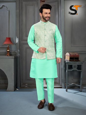 FASHIONABLE BANGLORI SILK  ZARI WORK MENS KURTA POLO PANT  WITH KOTI SEA GREEN