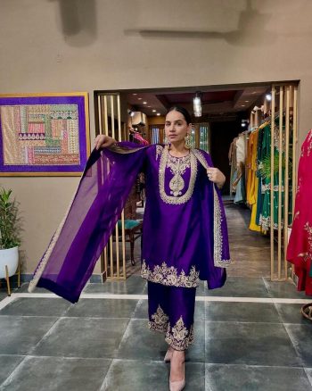FASHIONABLE CHINON SILK EMBROIDERY SEQUENCE WORK TOP PALAZZO WITH DUPATTA PURPLE